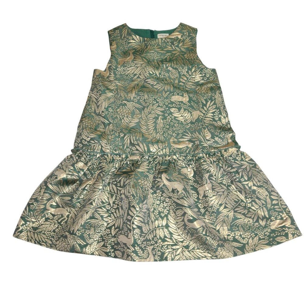 Crewcuts Girls 6 Metallic Leaf Print Drop-Waist Dress Green & Gold  3727